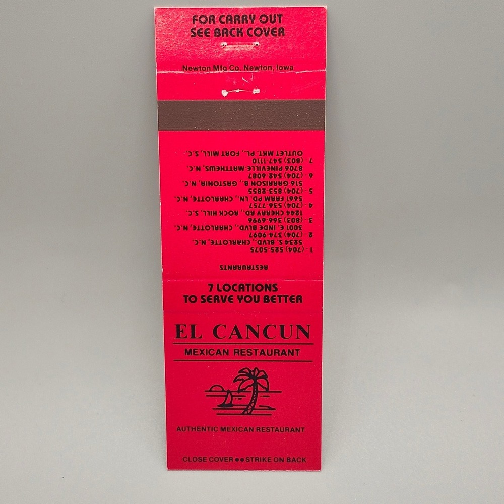 Vtg El Cancun Mexican Restaurant Matchbook Cover Charlotte NC SC Gastonia